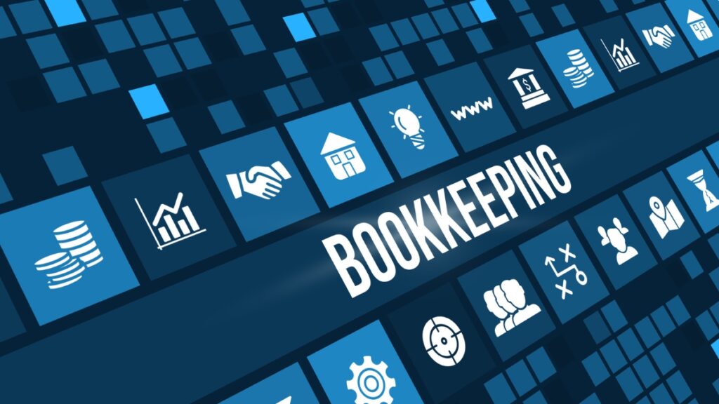 Digital graphic with the word bookkeeping and icons for finance, reports, and money management