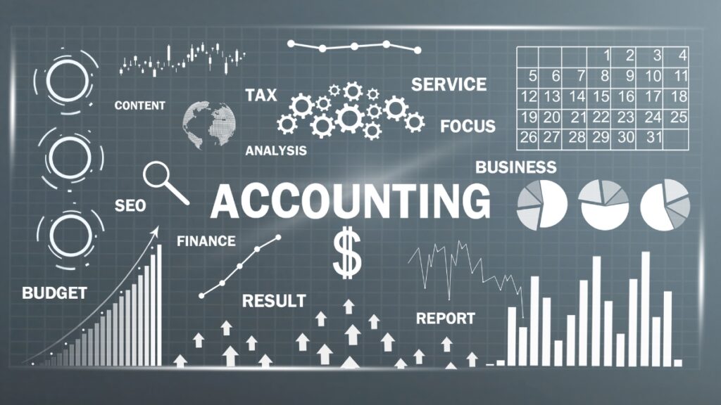 Visual dashboard with the word accounting and related terms like tax, finance, and reporting